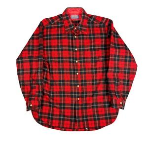 Vintage Pendleton Wool Plaid Flannel Shirt Red Black Collar Made in USA Men's L